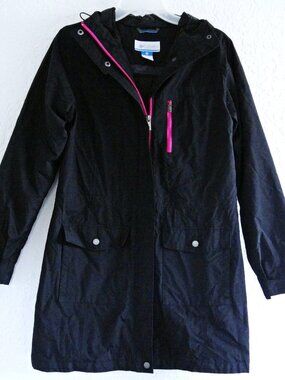 COLUMBIA Women's S Windbreaker Jacket Black Hot Pink Zipper Hooded Mid Length